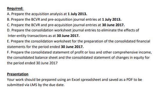 Required: A. Prepare the acquisition analysis at 1 July 2013. B. Prepare