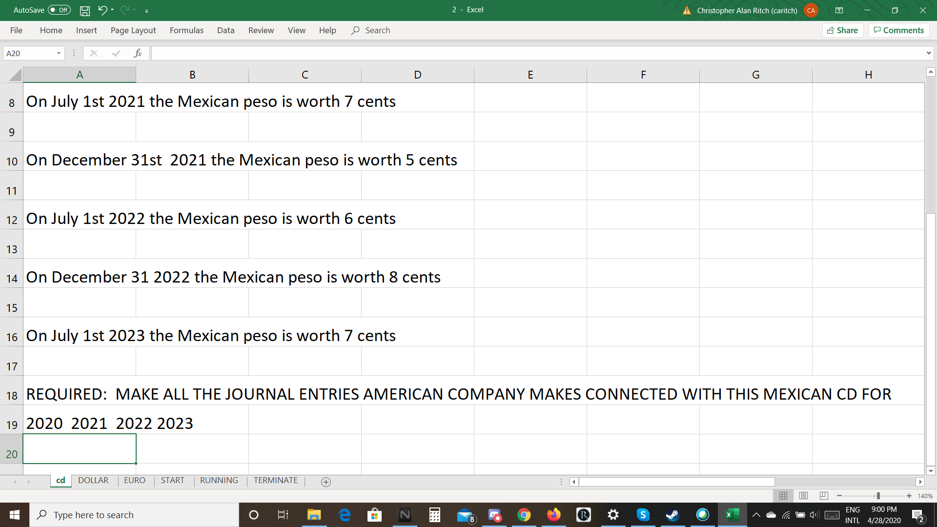  AutoSave ( Off) H 2 - Excel A Christopher Alan Ritch
