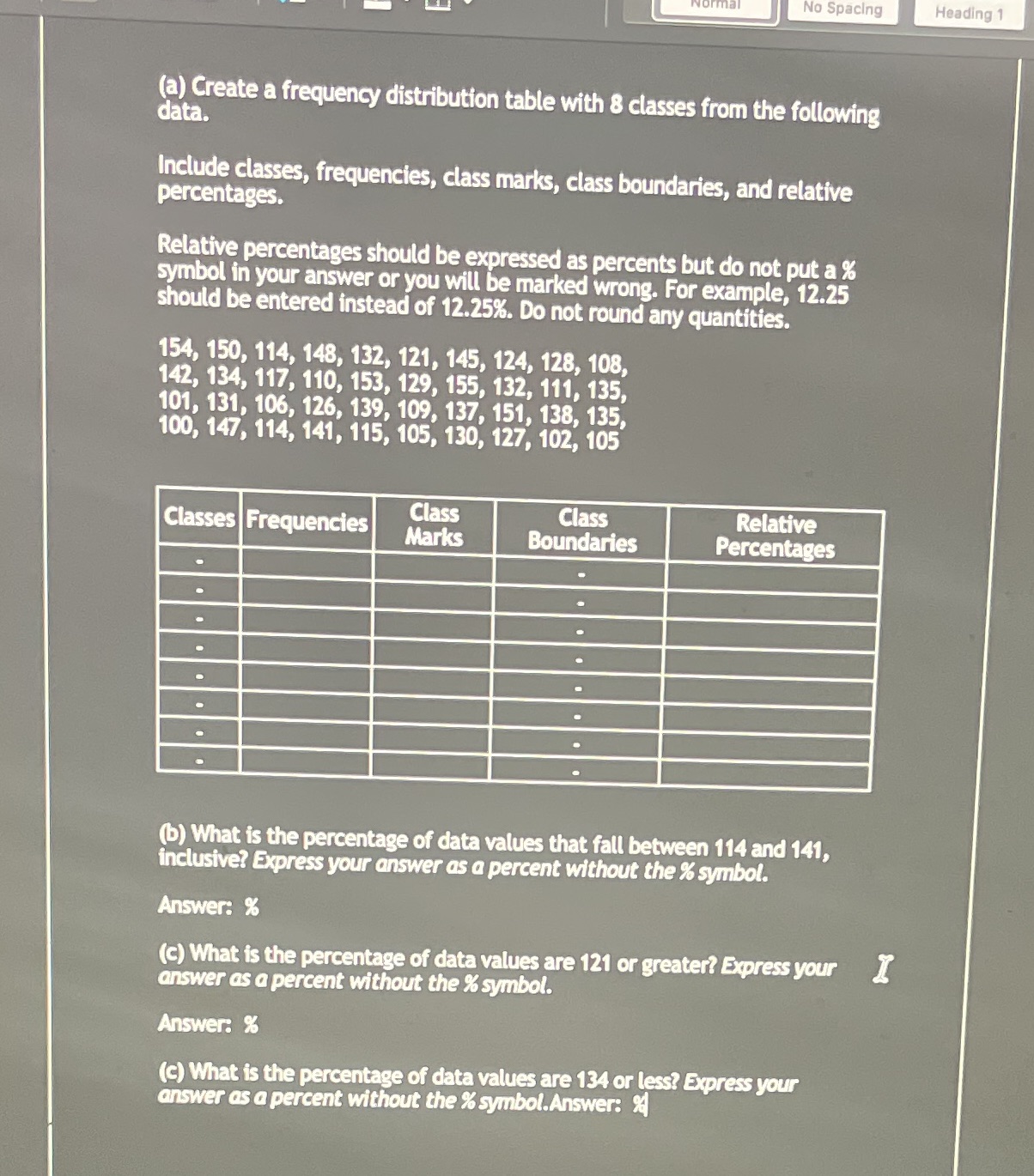  No Spacing Heading 1 (a) Create a frequency distribution table with