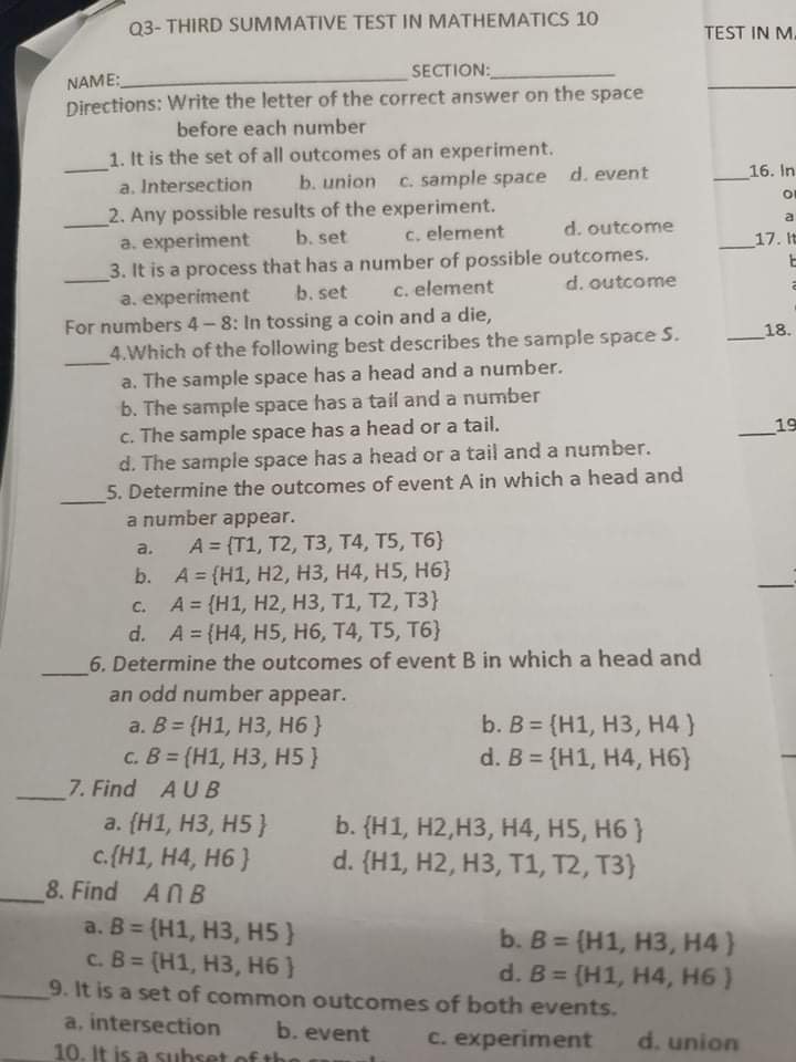 Pls help me with a solutions b. event c. experiment d.