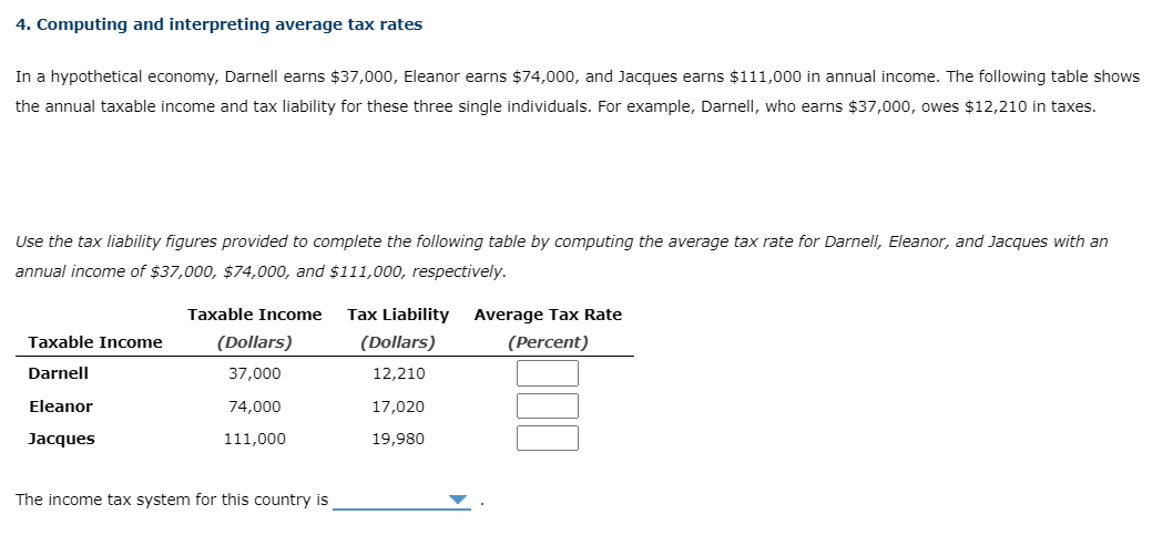 4. Computing and interpreting average tax rates In a hypothetical economy,