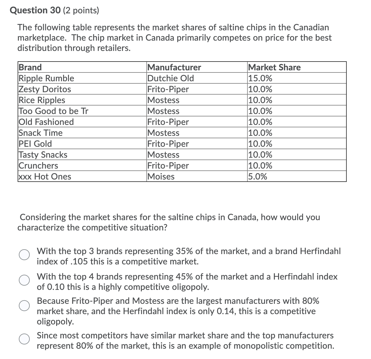  Need help ASAP Question 30 (2 points) The following table represents