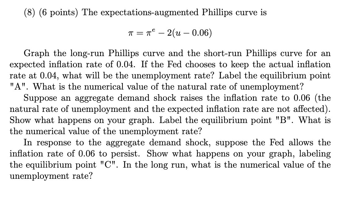  (8) (6 points) The expectations-augmented Phillips curve is 71' = we