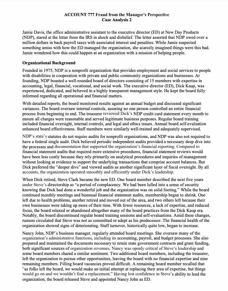 ACCOUNT 777 Fraud from the Manager's Perspective Case Analysis 2 Jamie