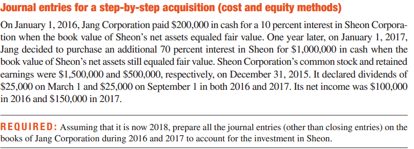Journal entries for a step-by-step acquisition (cost and equity methods) On