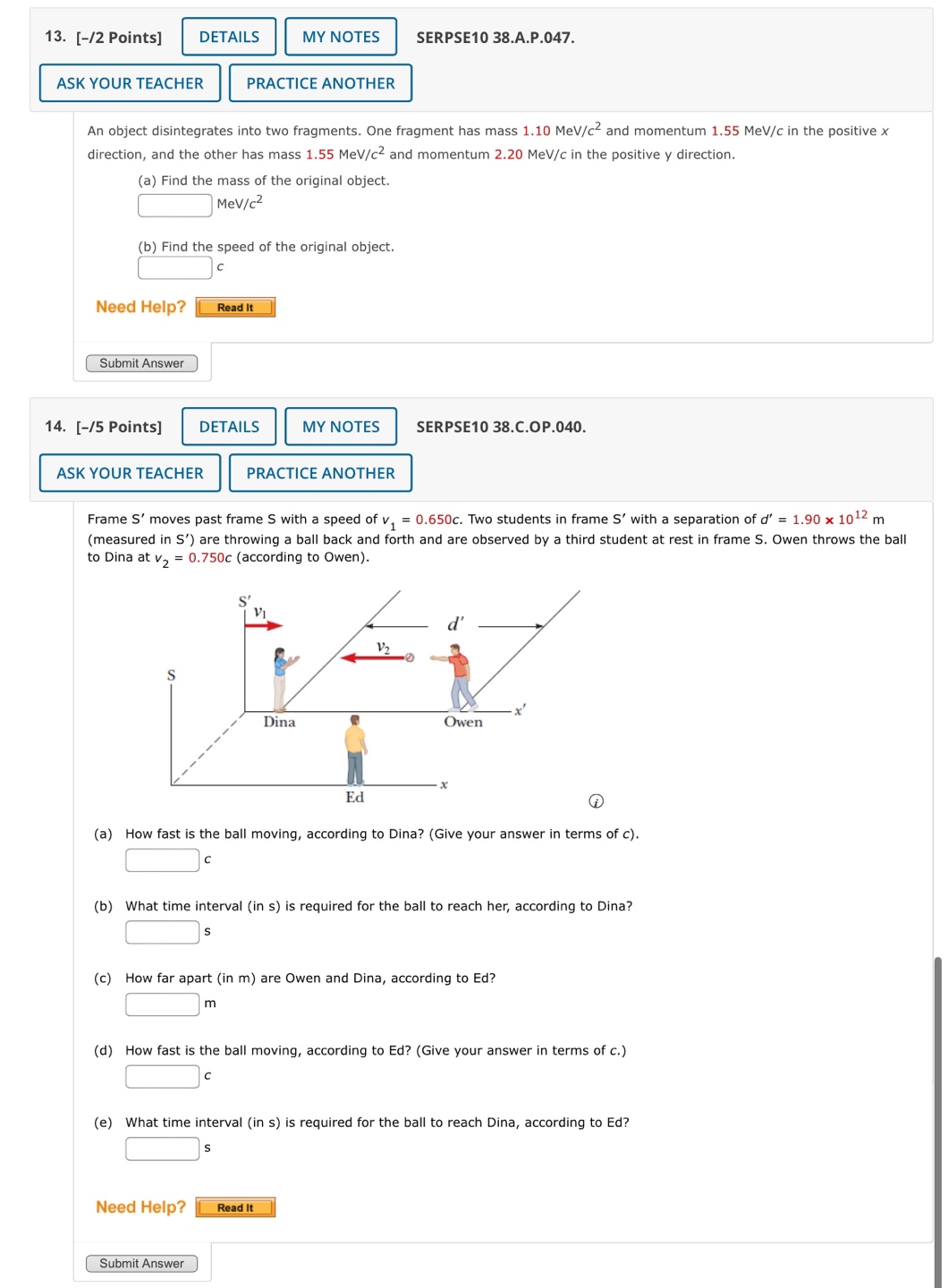 One fragment has mass 1.10 MeV/c? and momentum 1.55 MeV/c in the