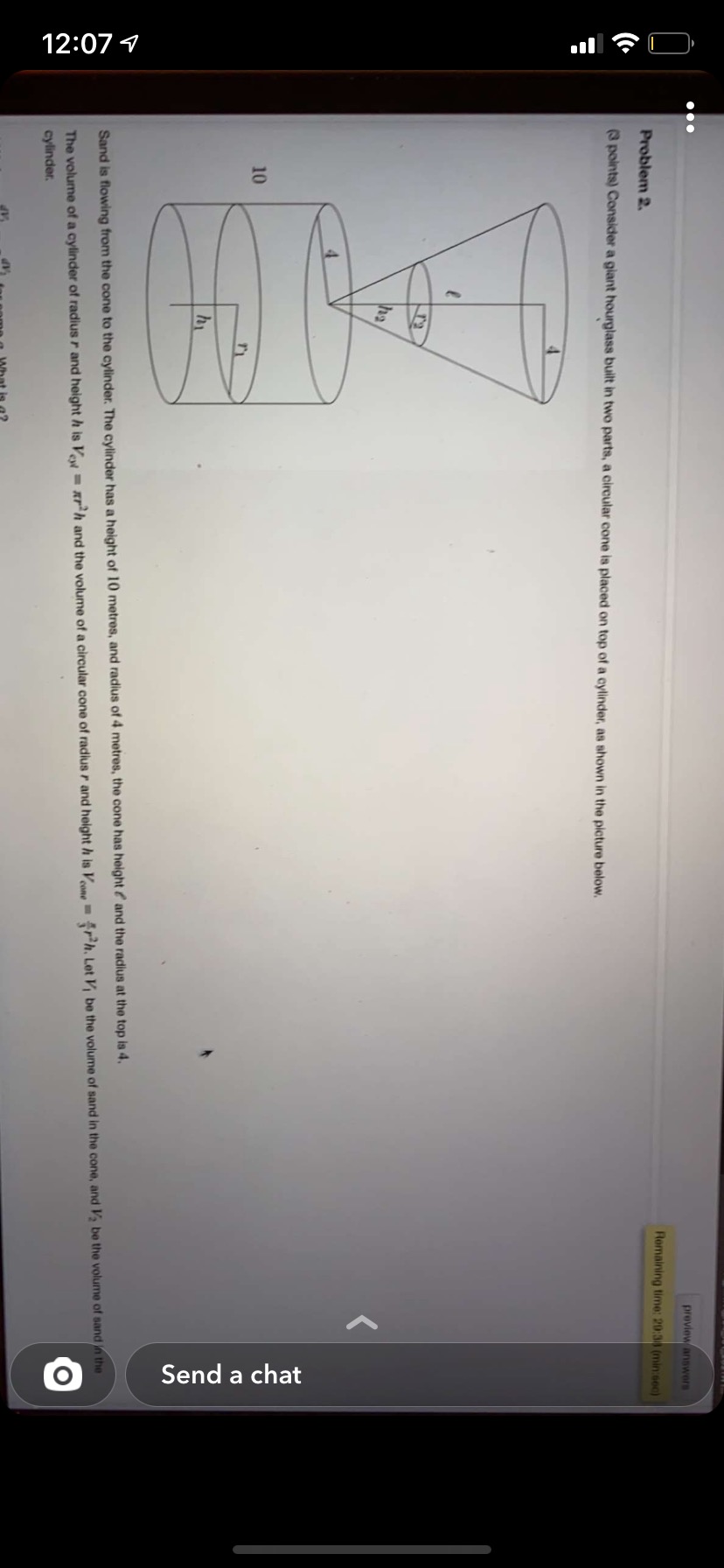 points) Consider a giant hourglass built in two parts, a circular cone