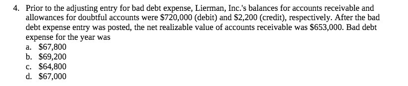  4. Prior to the adjusting entry for bad debt expense, Liennan,