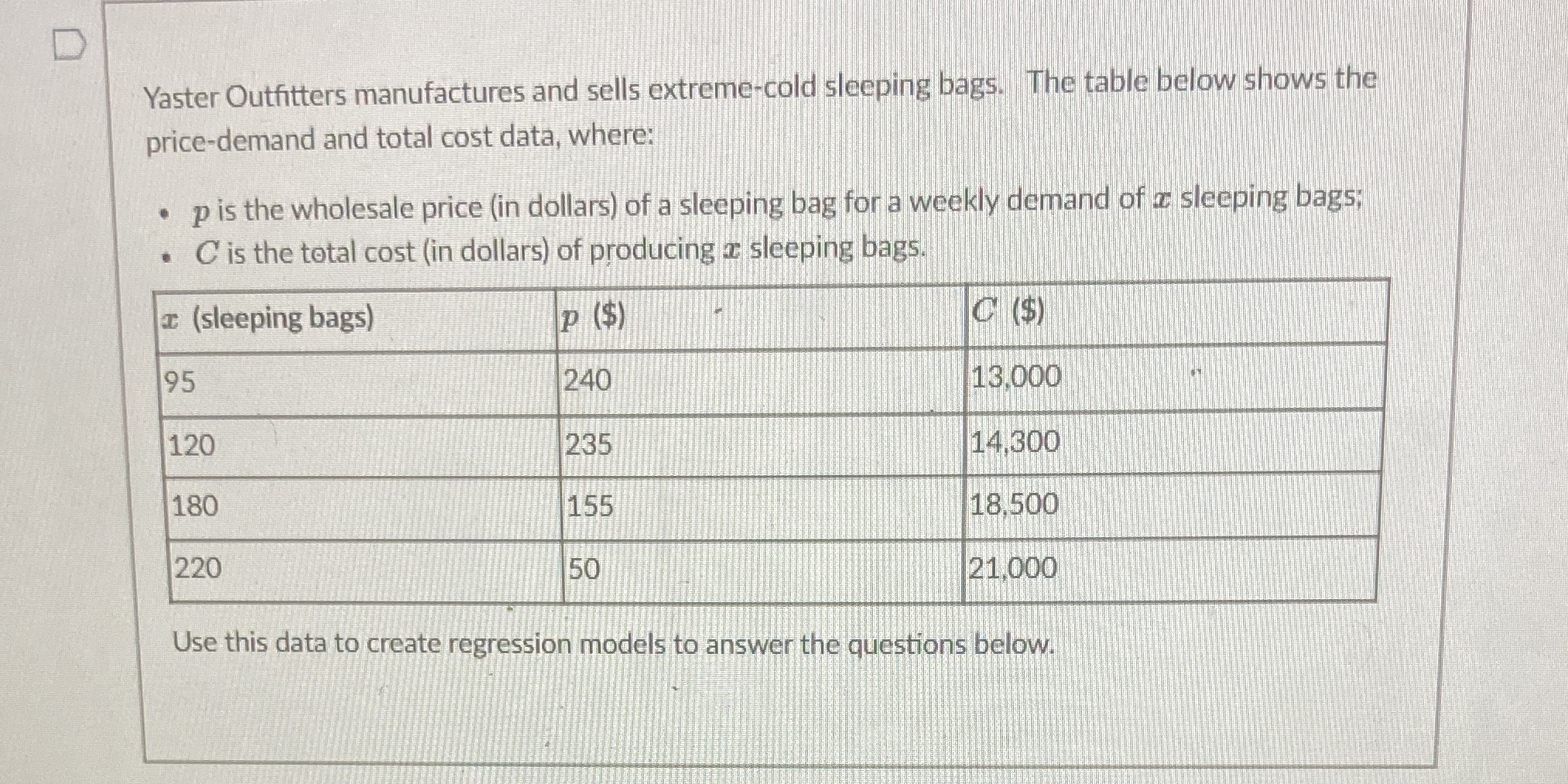 Find a quadratic regression equation for the price demand data,using x as
