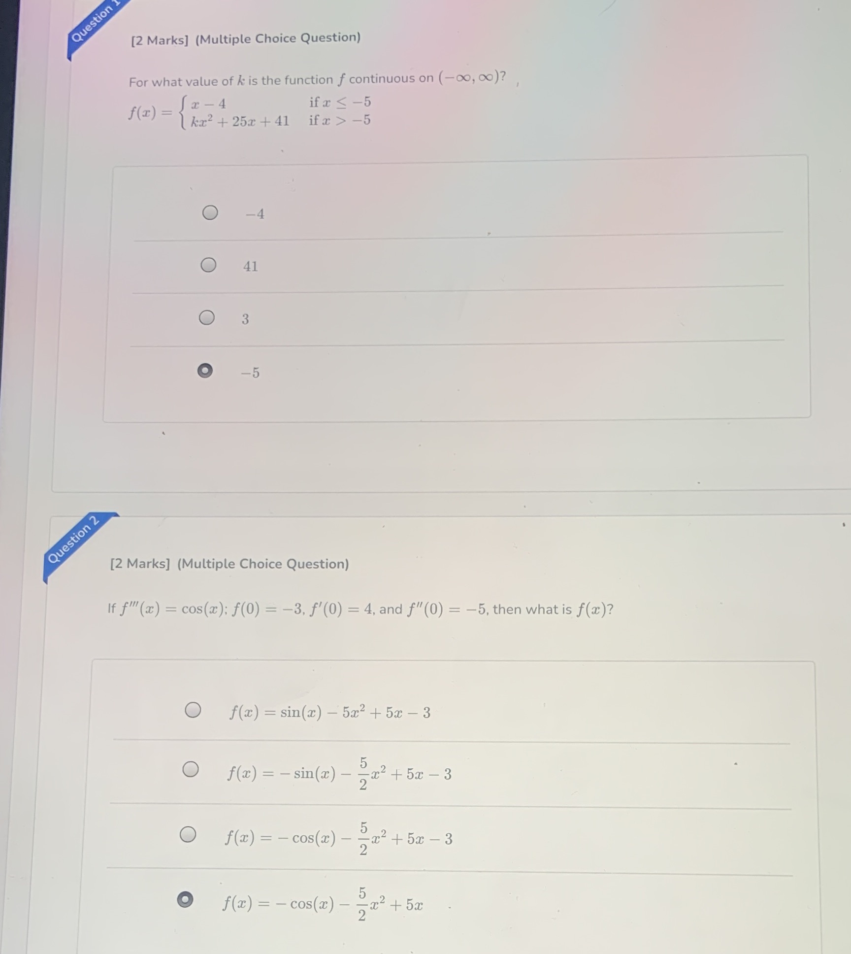  Question [2 Marks] (Multiple Choice Question) For what value of :