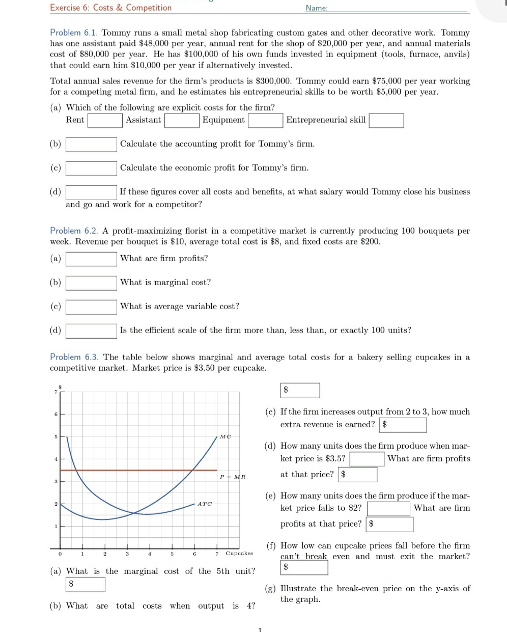 please can you solve this Exercise 6: Costs & Competition Name: Problem