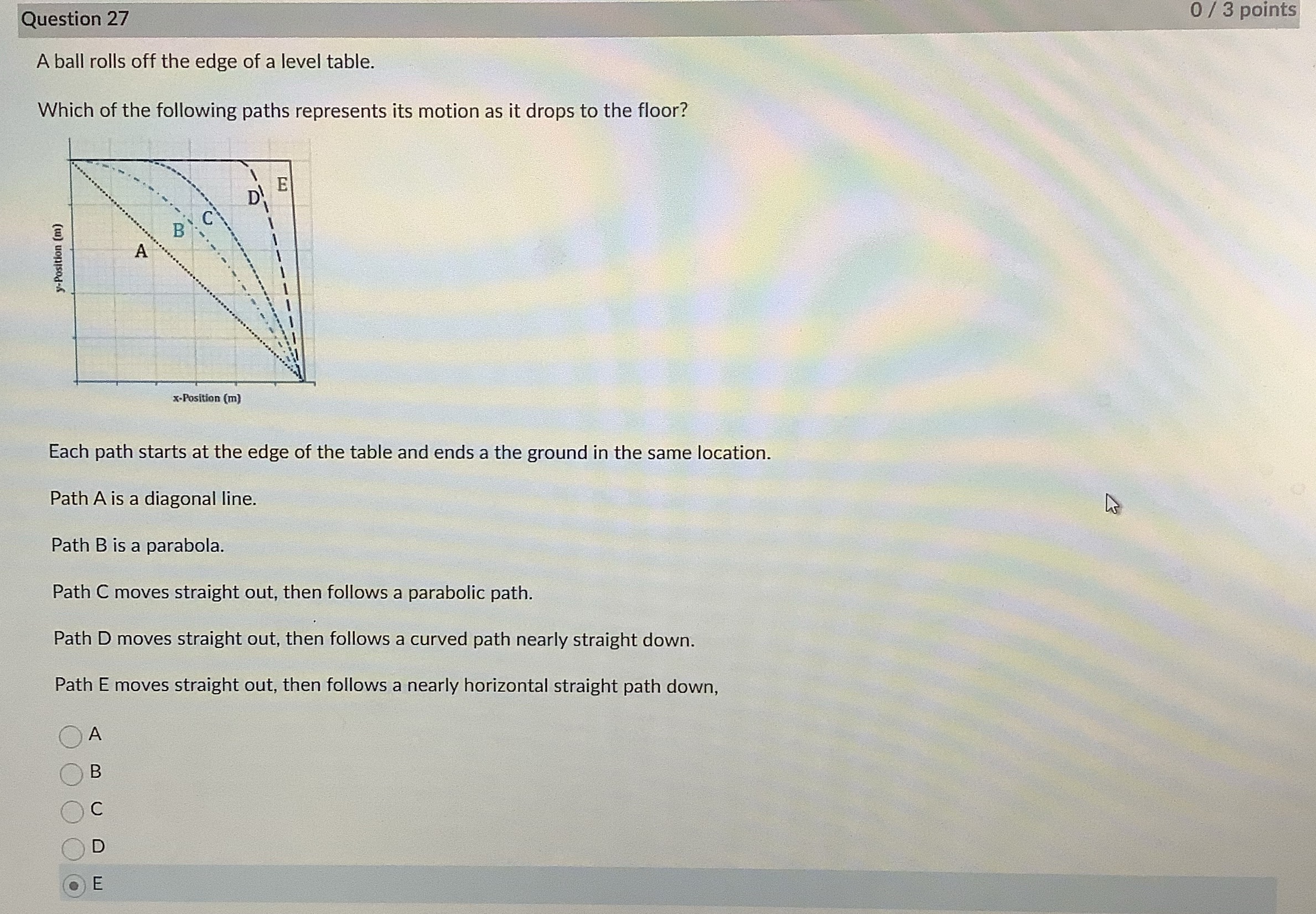 Question 27 0 / 3 points A ball rolls off the