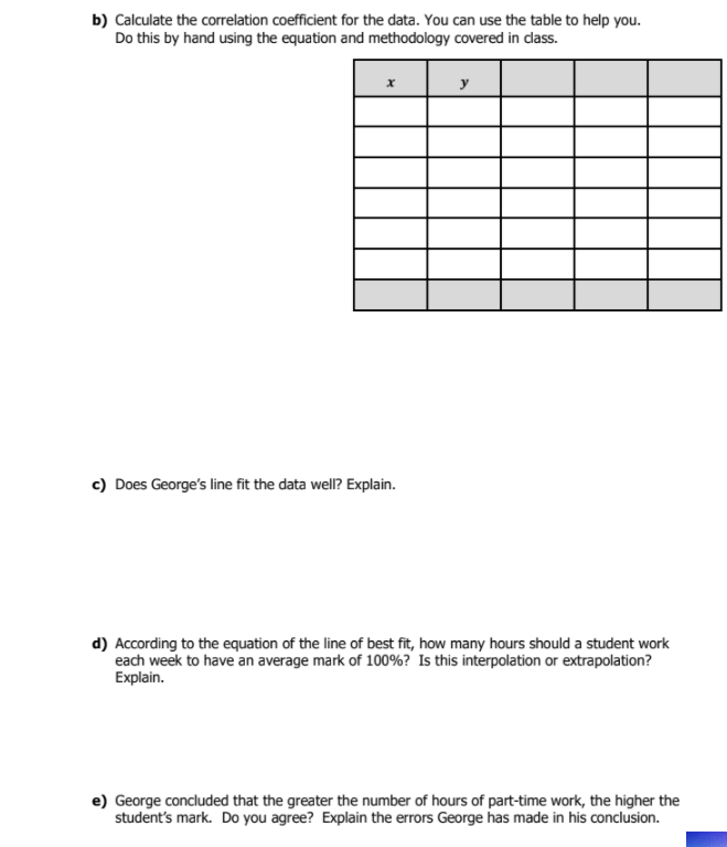 b) Calculate the correlation coefficient for the data. You can use