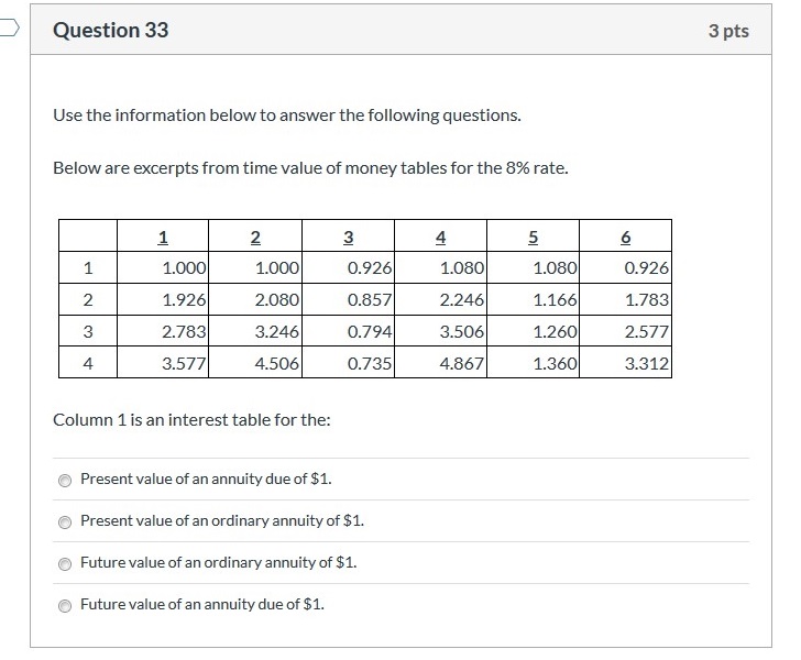 Question 33 3 pts Use the information below to answer the
