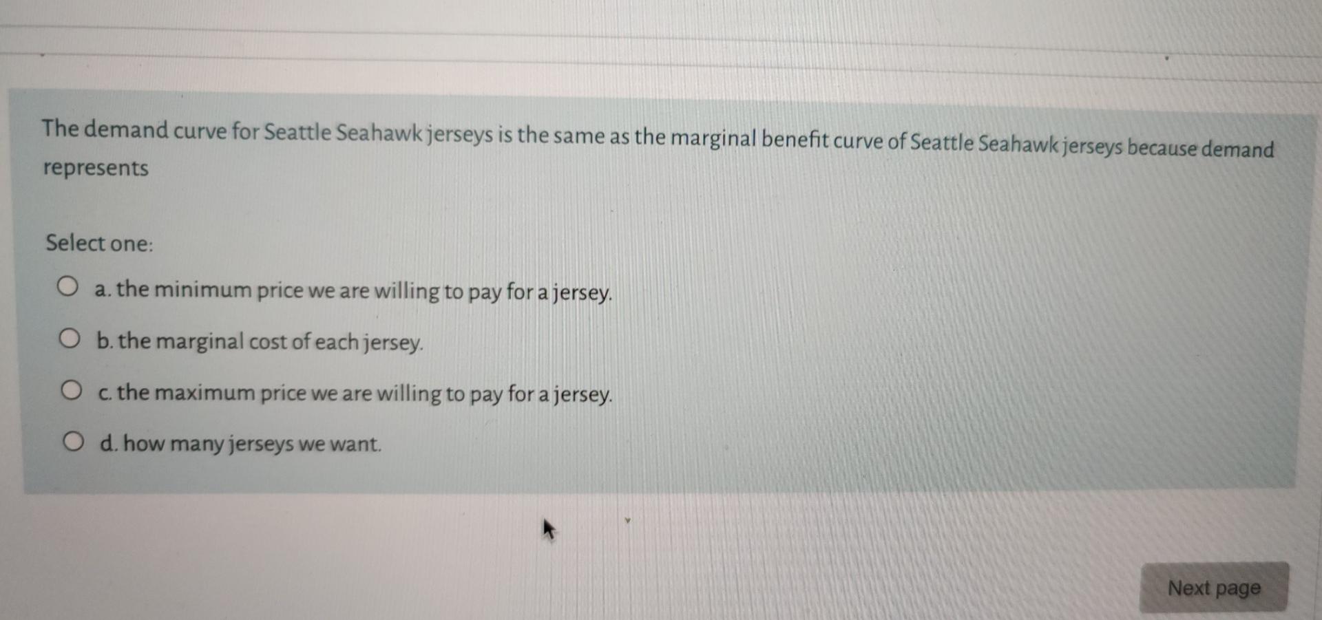 the marginal benefit curve of Seattle Seahawk jerseys because demand represents Select