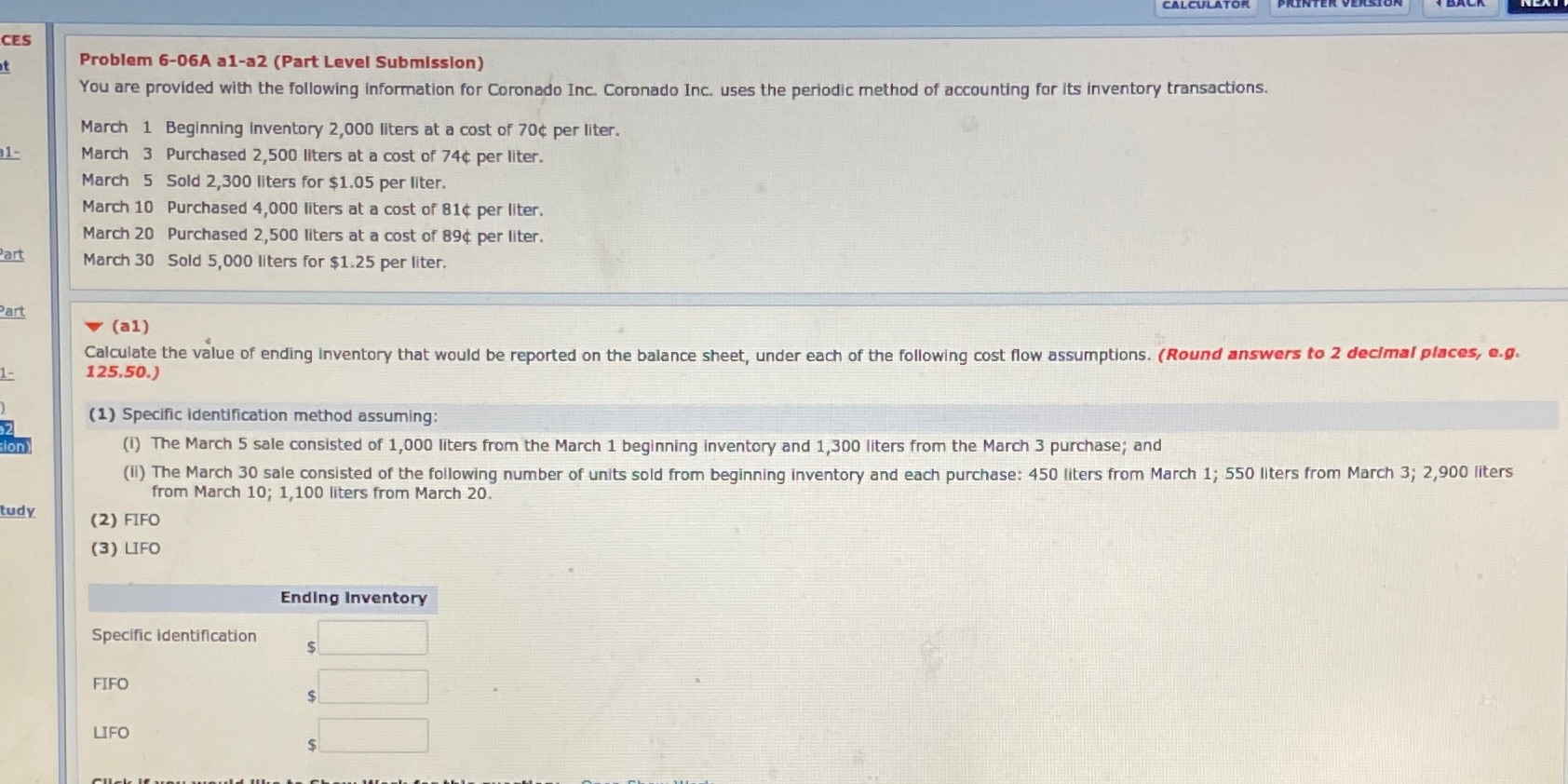  CES Problem 6-06A al-a2 (Part Level Submission) You are provided with