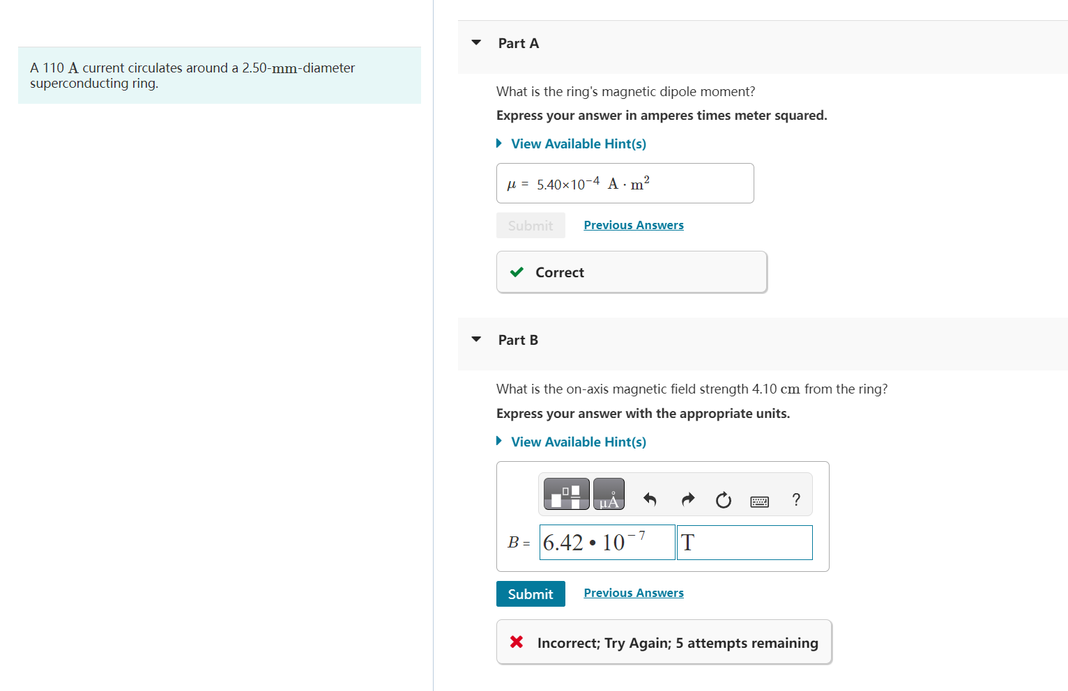 superconducting ring. What is the ring's magnetic dipole moment? Express your answer