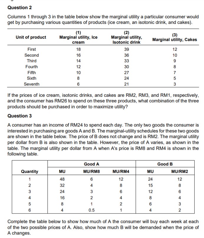  Question 2 Columns 1 through 3 in the table below show