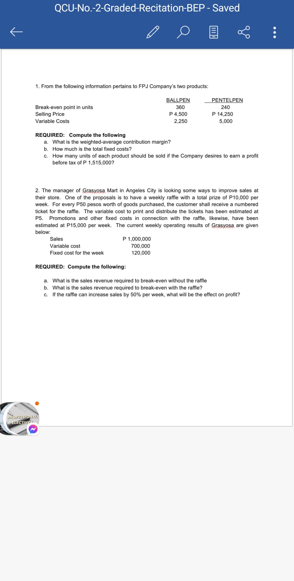 please help me with these problem QCU-No.-2-Graded-Recitation-BEP - Saved E . .