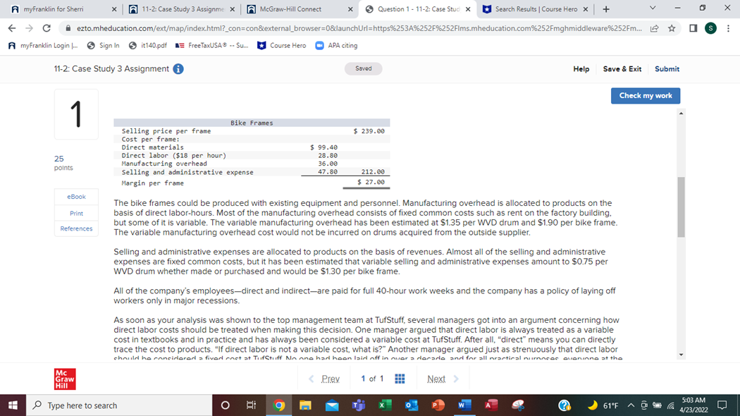 X A McGraw-Hill Connect X Question 1 - 11-2: Case Stud X