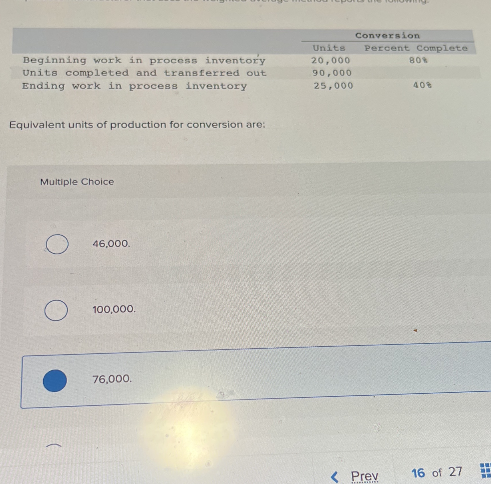 Conversion Units Percent Complete Beginning work in process inventory 20 ,