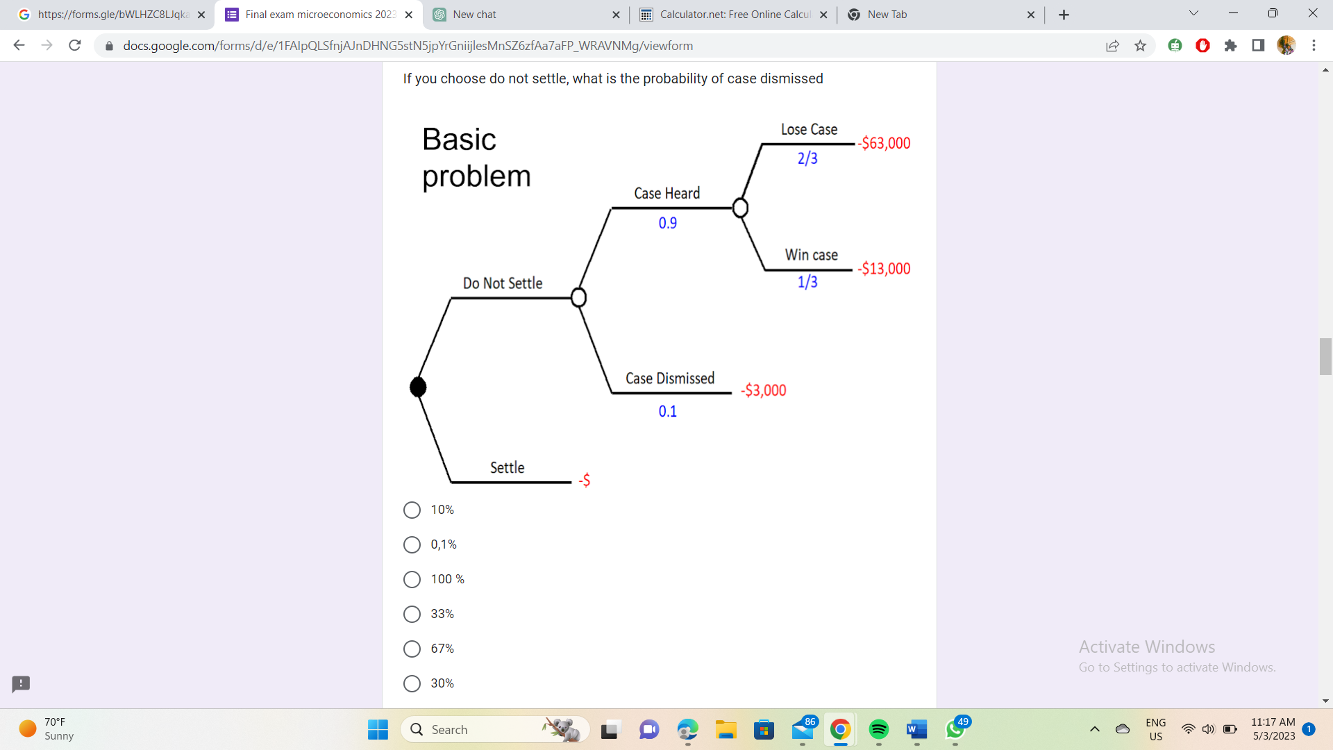 0.9 Win case -$13,000 Do Not Settle 1/3 Case Dismissed -$3,000 0.1