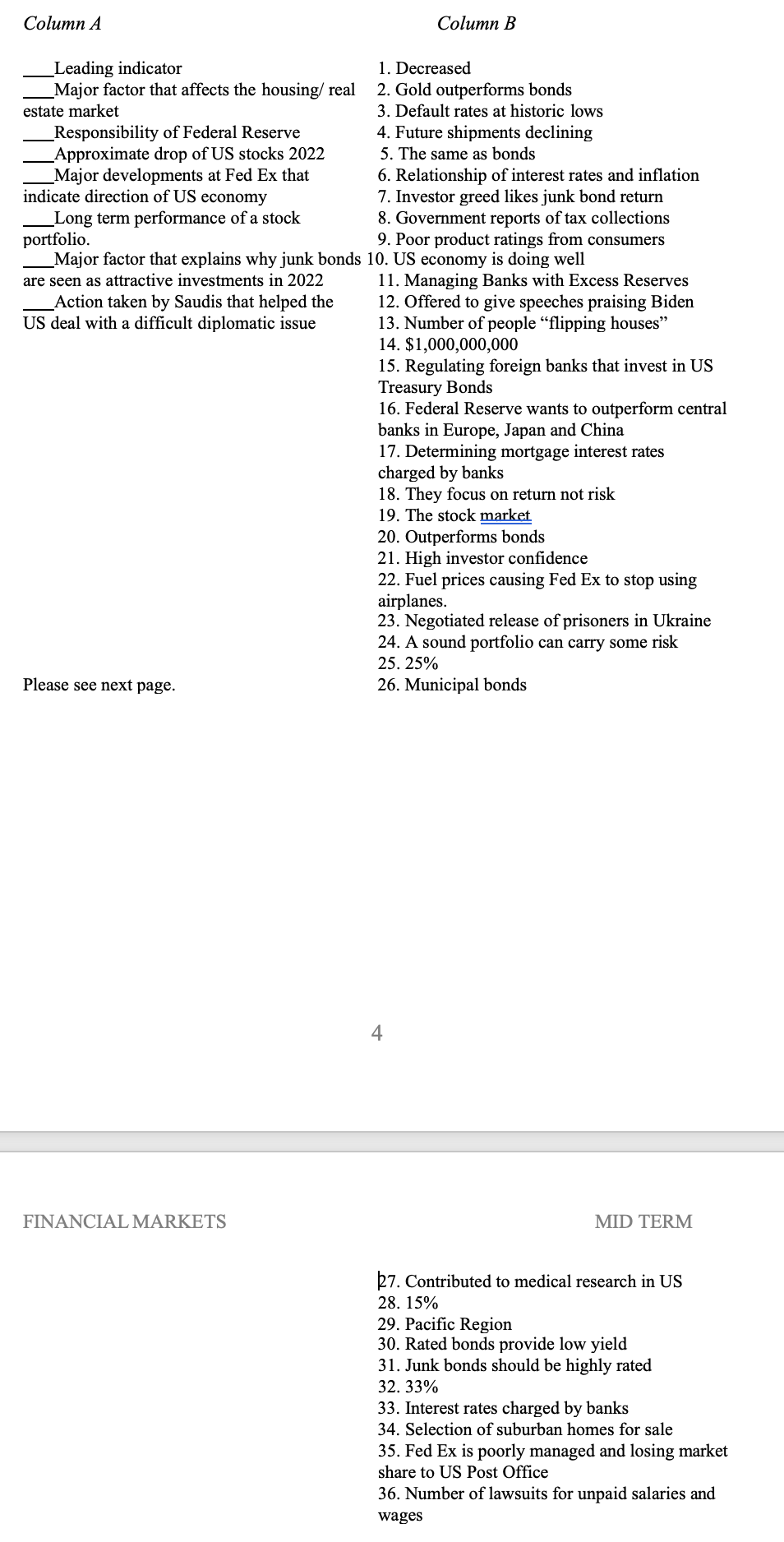 Column A Leading indicator Column B 1. Decreased _Major factor that