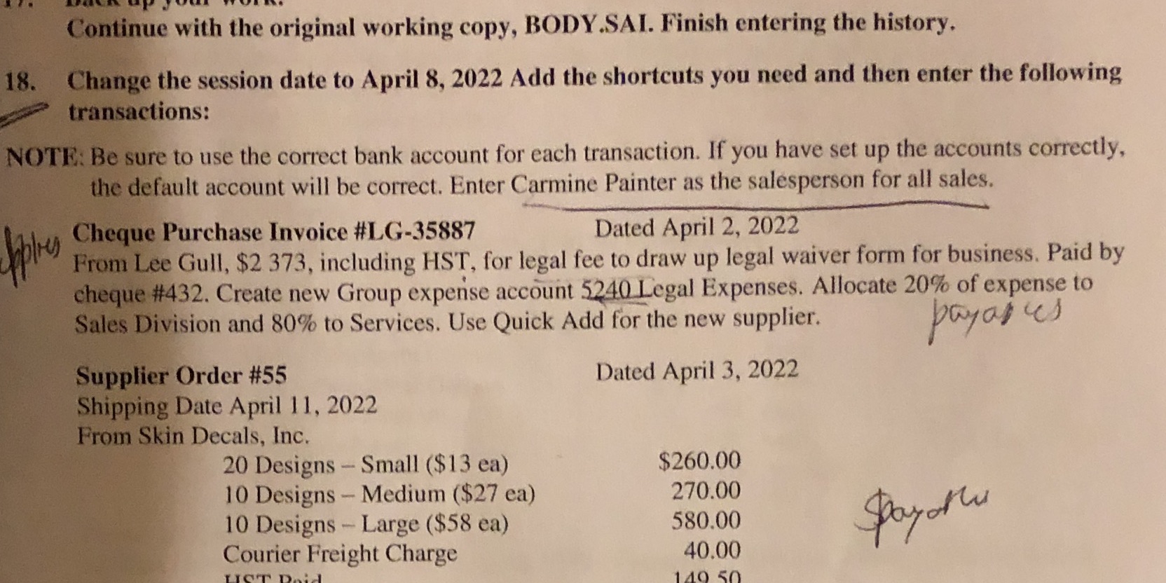 Journal entry for cheque purchase invoice Continue with the original working copy,