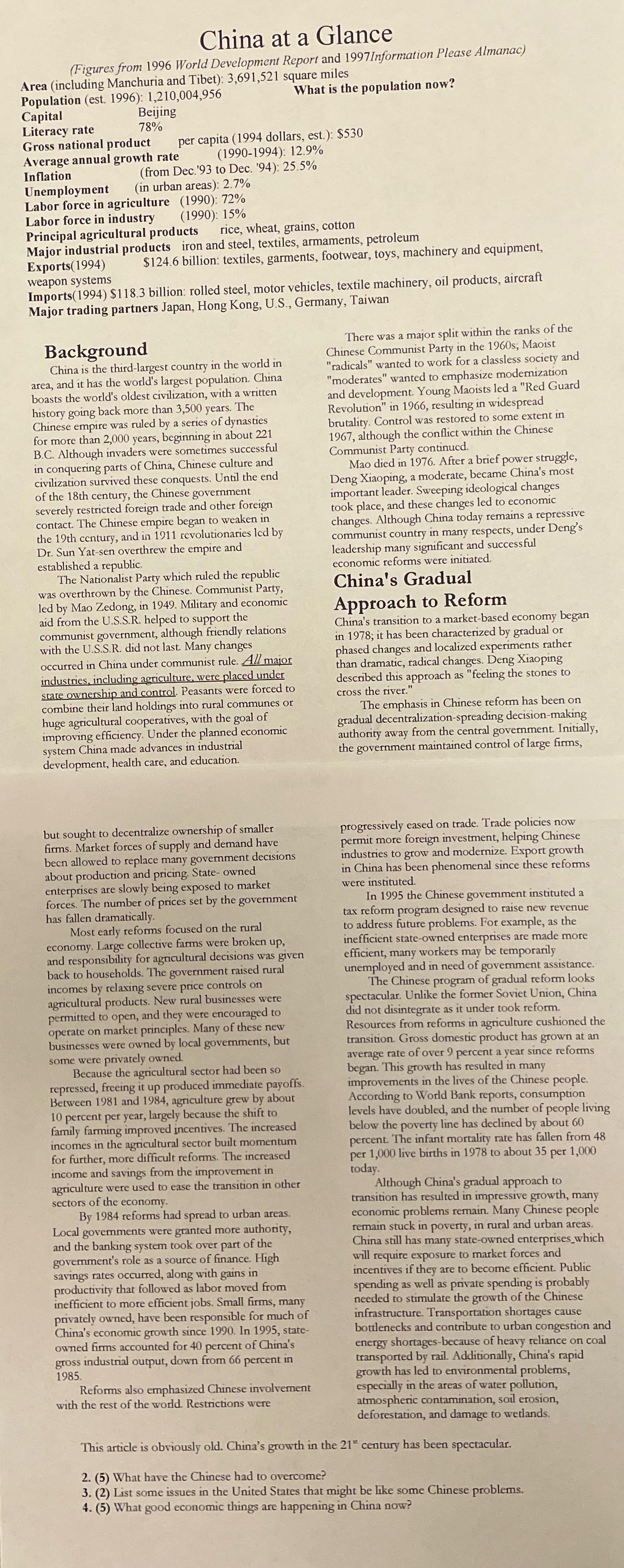 Please help! China at a Glance Figures from 1996 World Development Report