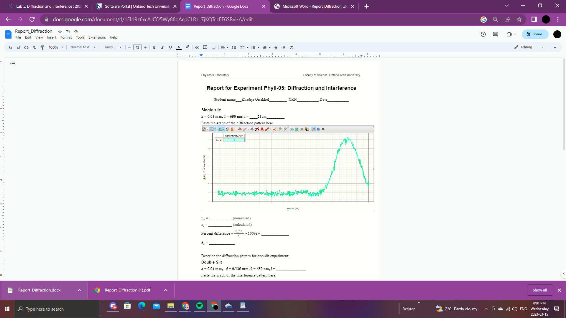 Ontario Tech University X Report_Diffraction - Google Docs X Microsoft Word -