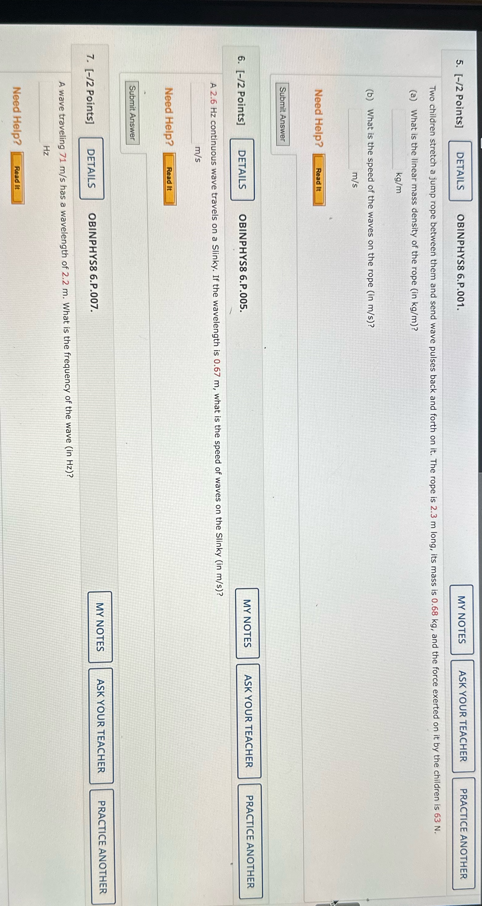  5. [-/2 Points] DETAILS OBINPHYS8 6.P.001. MY NOTES ASK YOUR TEACHER