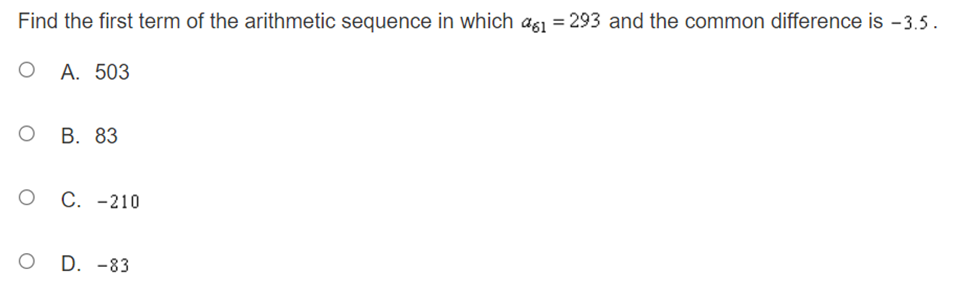 - 3.5. O A. 503 O B. 83 O C. -210 O