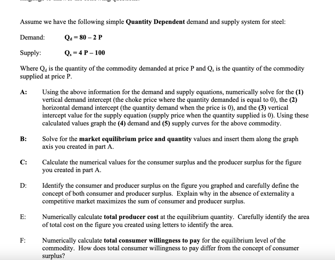 have the following simple Quantity Dependent demand and supply system for steel: