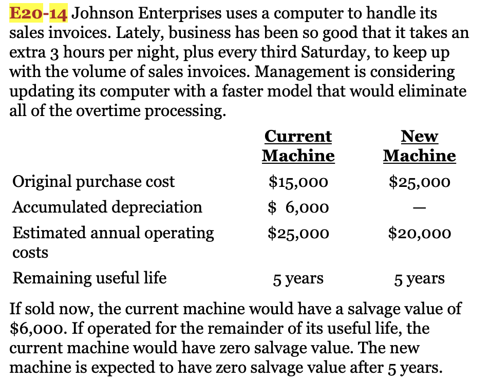 Should the current machine be replaced?Use incremental analysis. E20-14 Johnson Enterprises