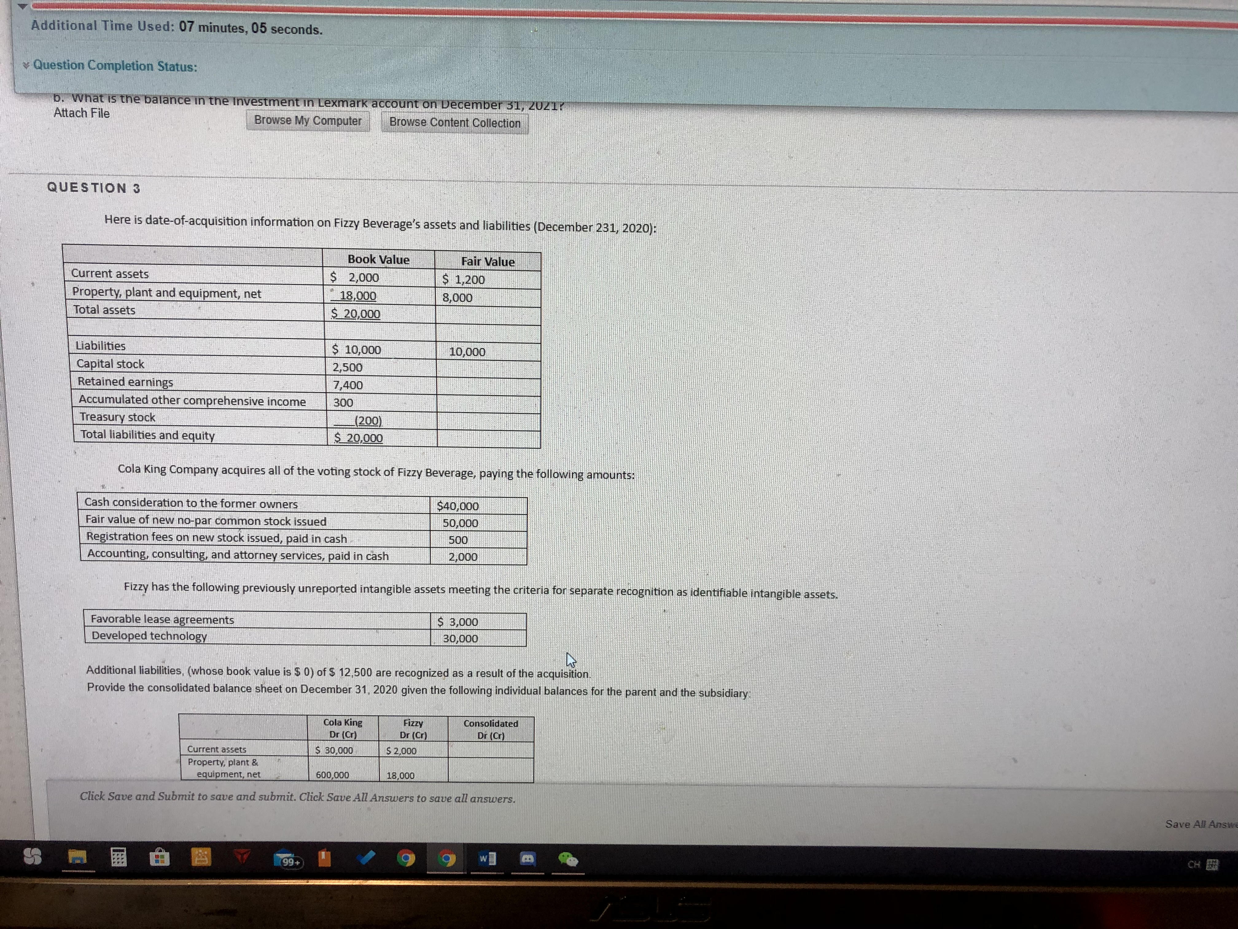  Additional Time Used: 07 minutes, 05 seconds. v Question Completion Status: