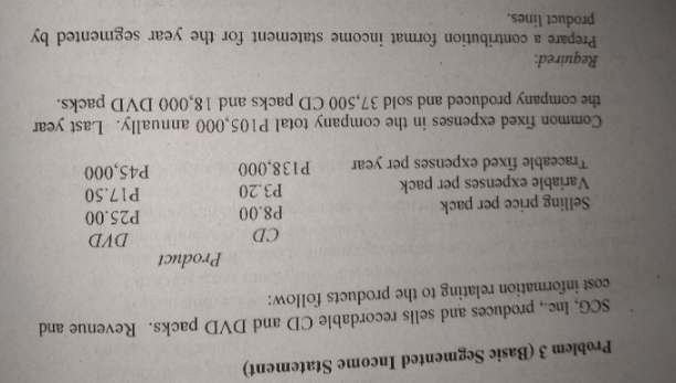 Answer what is required. Thankyou Problem 3 (Basic Segmented Income Statement) SCG,