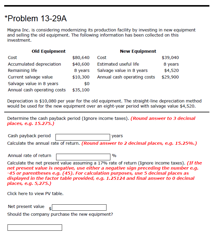 *Problem 13-29A Magna Inc. is considering modernizing its production facility by investing