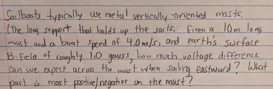  Sailboats typically use metal vertically- oriented masts. ( The long support