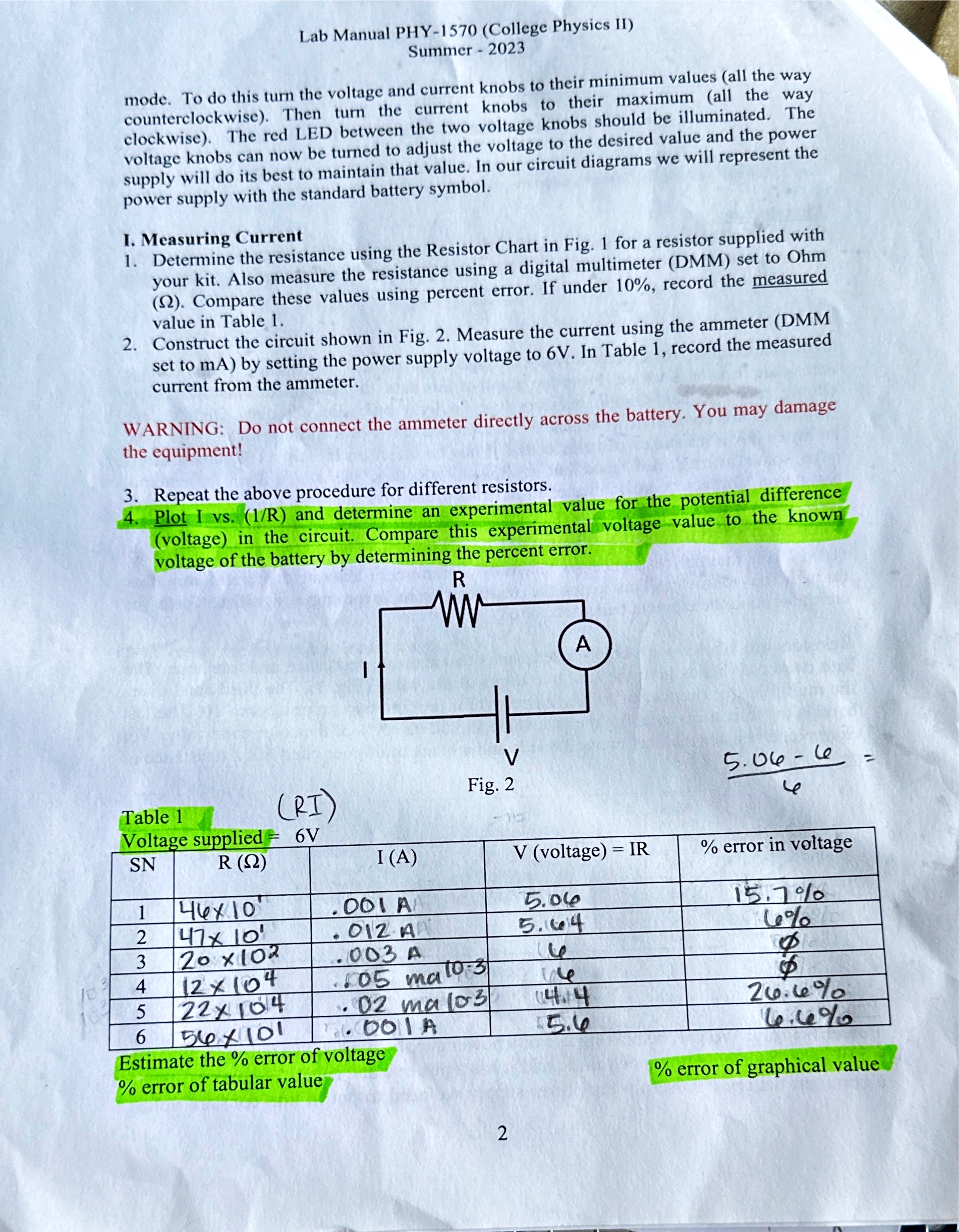 to know the estimate the % error of voltage, % error of