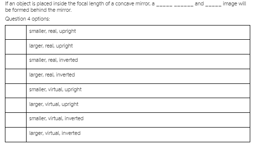 inverted larger, real, inverted smaller, virtual, upright larger, virtual, upright smaller, virtual,