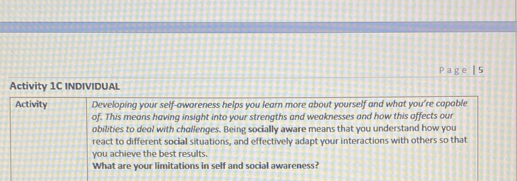 Page S Activity 1C INDIVIDUAL Activity Developing your self-awareness helps you