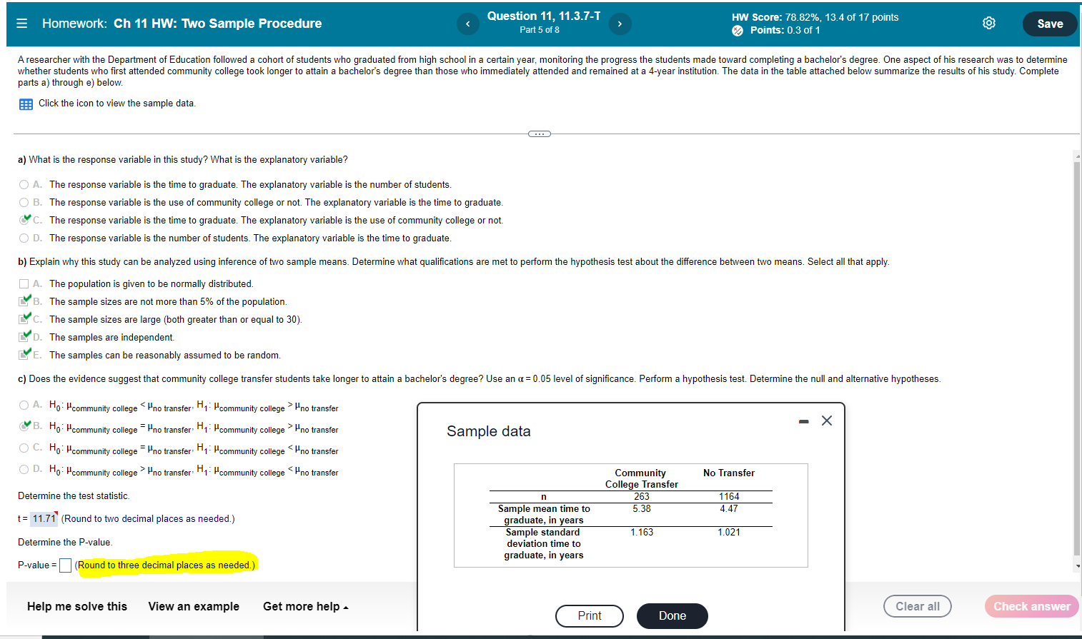 E Homework: Ch 11 HW: Two Sample Procedure Question 11, 11.3.7-T
