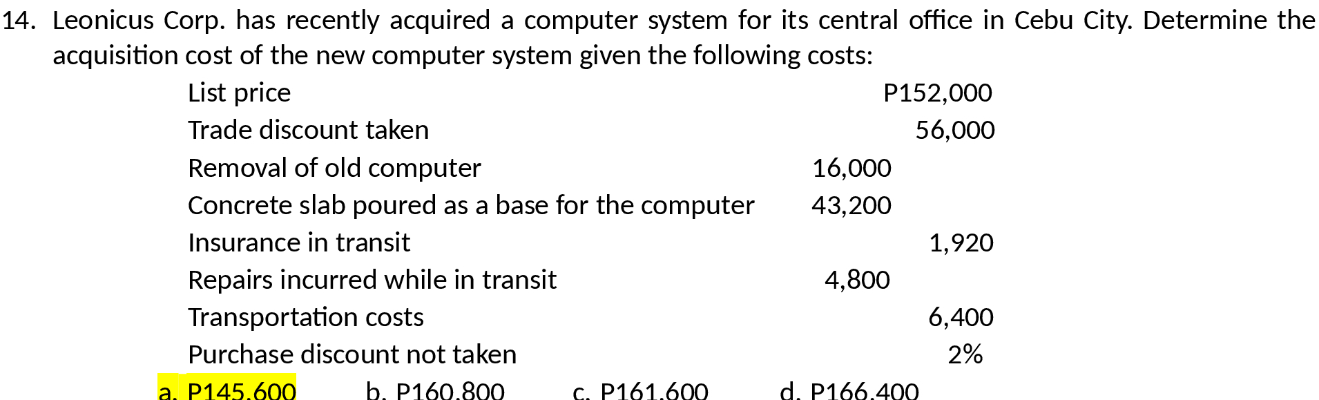 central ofce in Cebu City. Determine the acquisition cost of the new