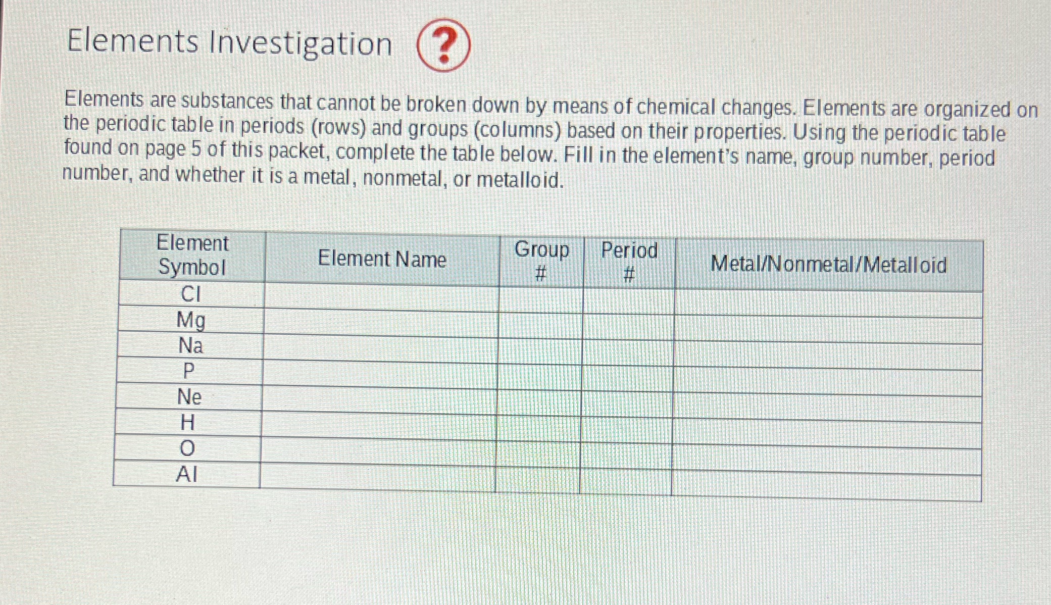 Help please thanks Elements Investigation ? Elements are substances that cannot be