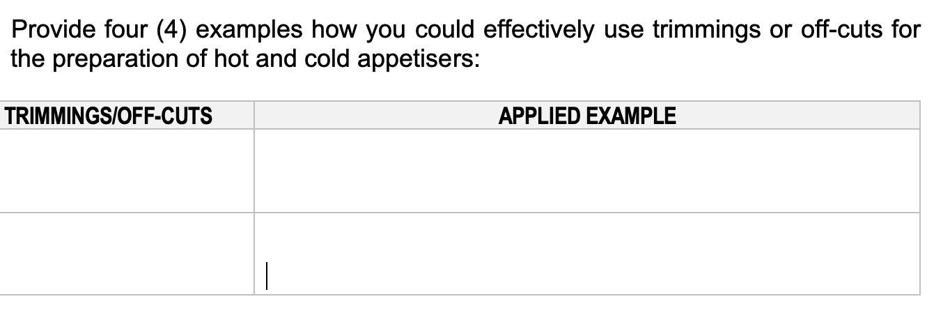 3.Provide four (4) examples how you could effectively use trimmings or off-cuts