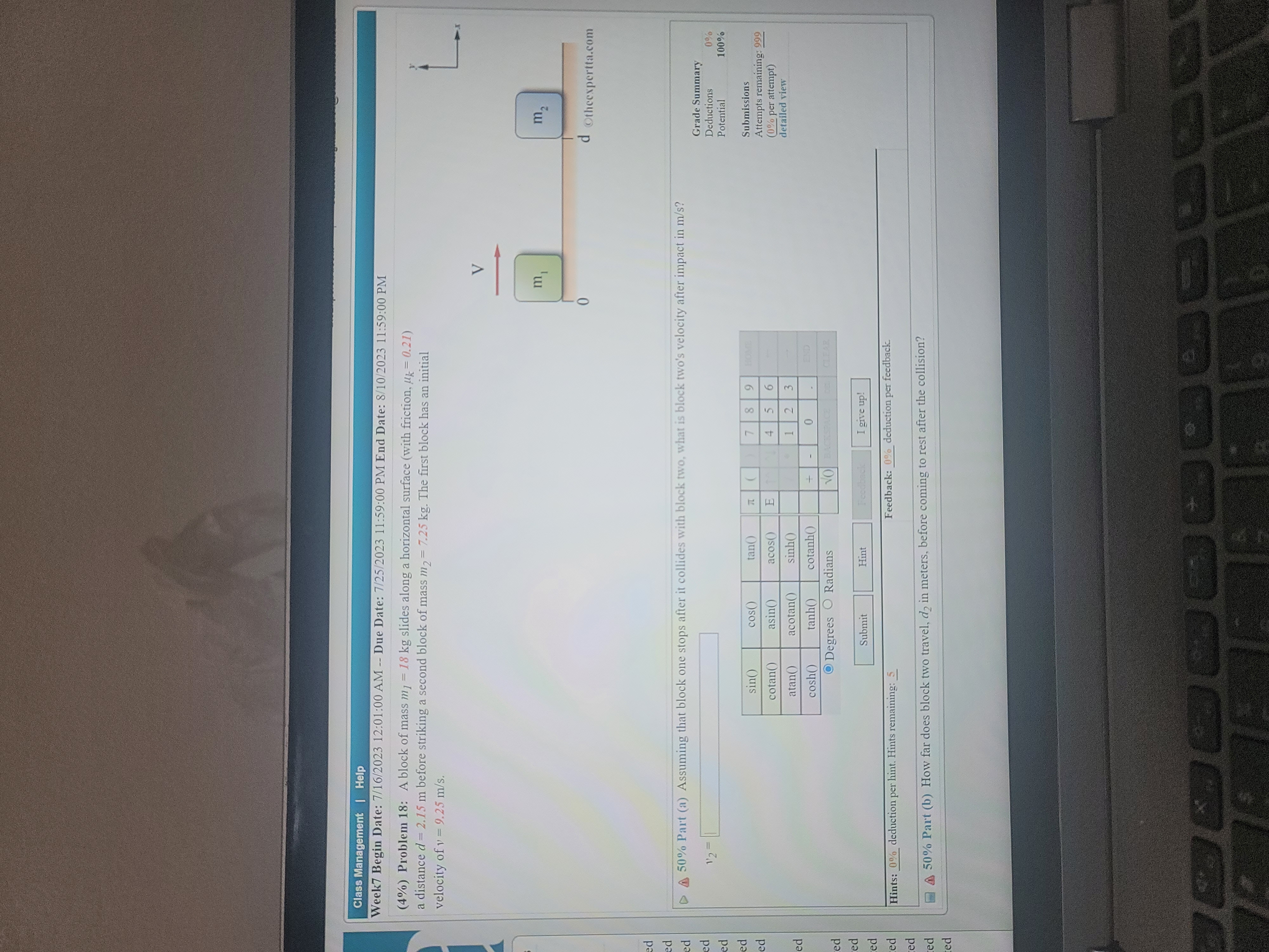 The first block has an initial velocity of v = 9.25 m/s.