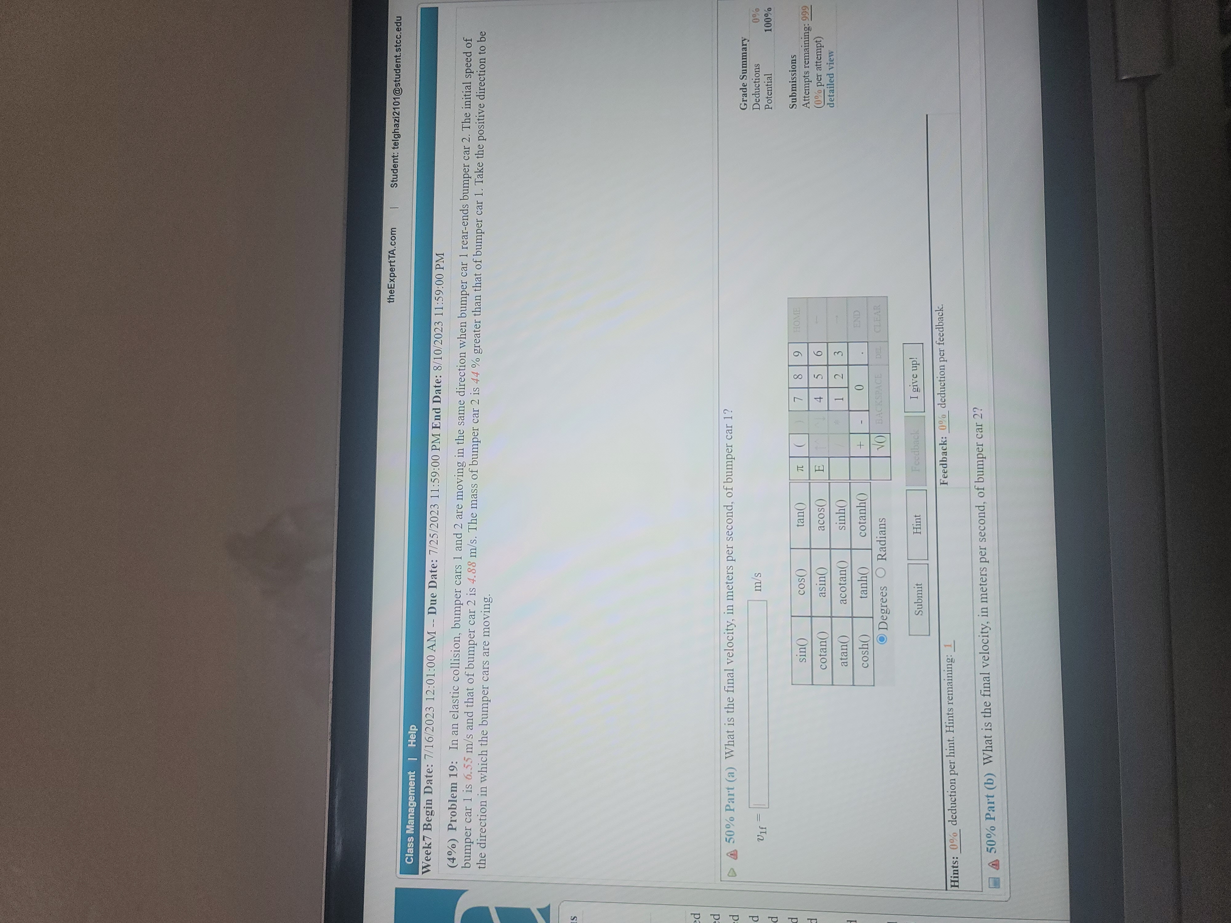 V m, m, d Otheexpertta.com 4 50% Part (a) Assuming that block