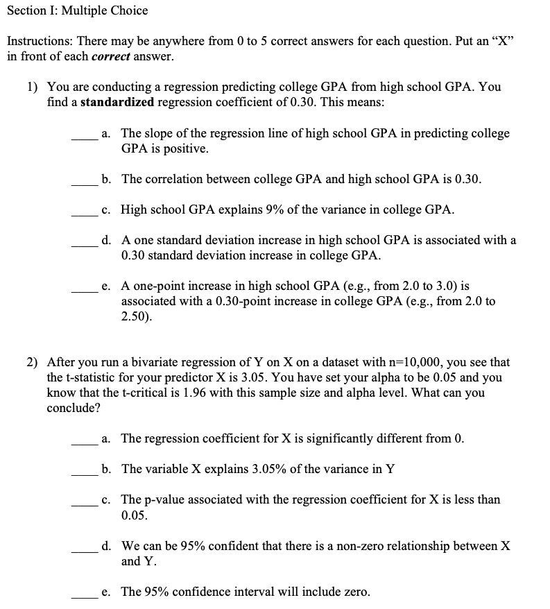  Section I: Multiple Choice Instructions: There may be anywhere from 0