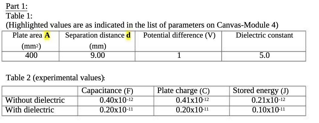 list of parameters on Canvas-Module 4) Plate area A Separation distance d