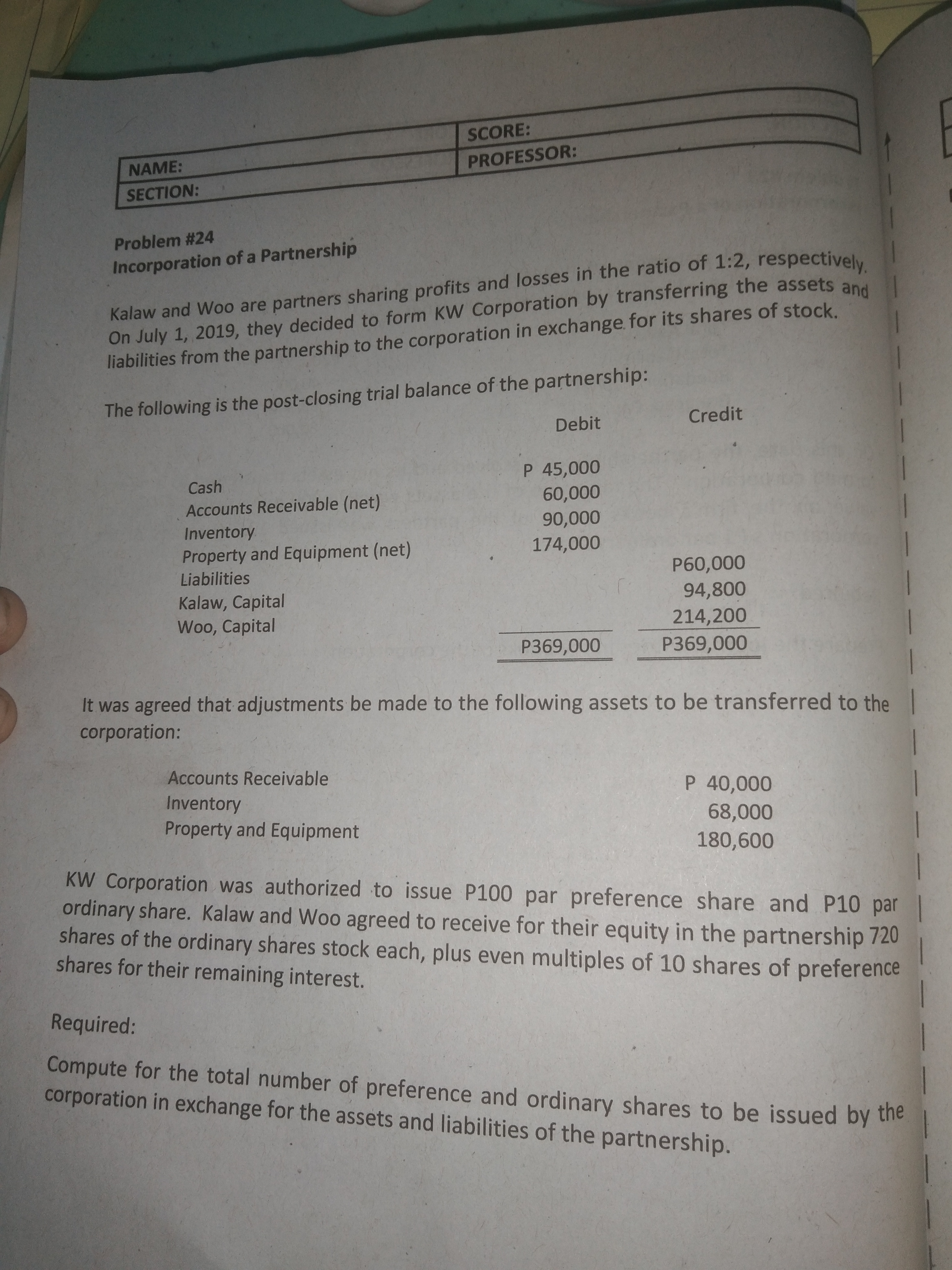 Thank you in advance!!!:--) SCORE: NAME: PROFESSOR: SECTION: Problem #24 Incorporation of